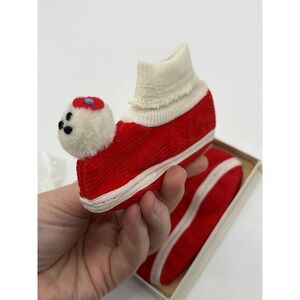 Vtg Glo-Knit Chick Pom-pom Red White Soft Sole Baby Booties Shoe NWOB 1950s